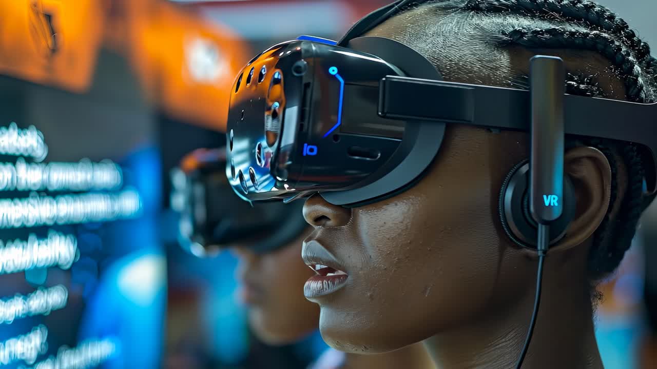 Unge udforsker VR til tech-event. Unge prøver virtual reality-headsets til et teknologievent, mens de udforsker nye digitale oplevelser og spil.