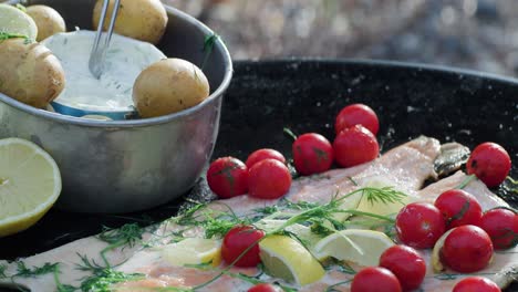 grilled salmon with cherry tomatoes and potatoes