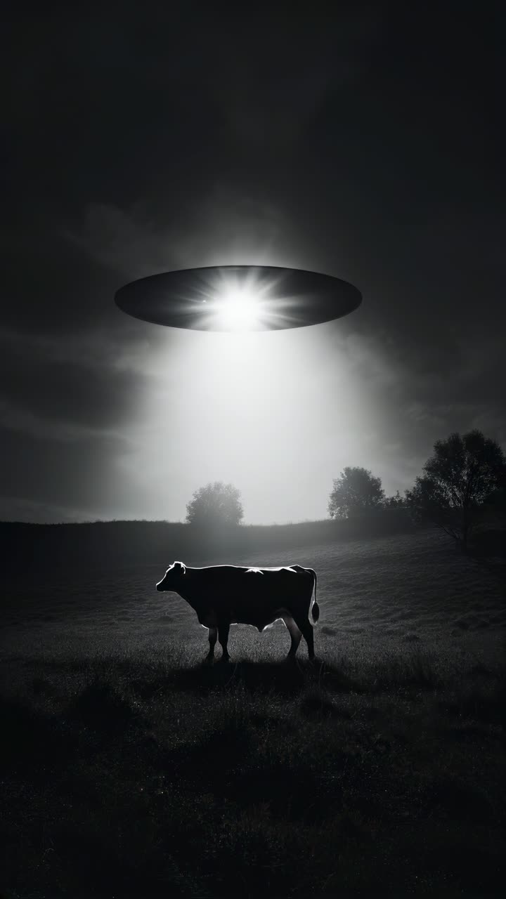 Et surrealistisk videokonsept med et lavvinkelopptak av en ku på et mørkt jorde, opplyst av et svevende objekt.