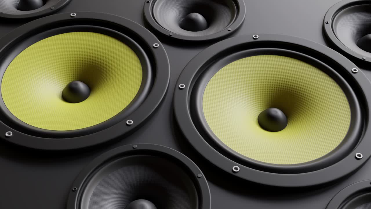 스튜디오 서브우퍼 스피커의 애니메이션이 큰 소리를 내고 있습니다.