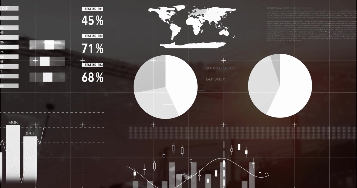 Animation of financial data processing on black background