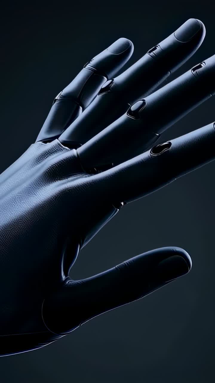 Vertical video: Rotating robot hand in studio on cue, moving fingers and showing metal caps, seams