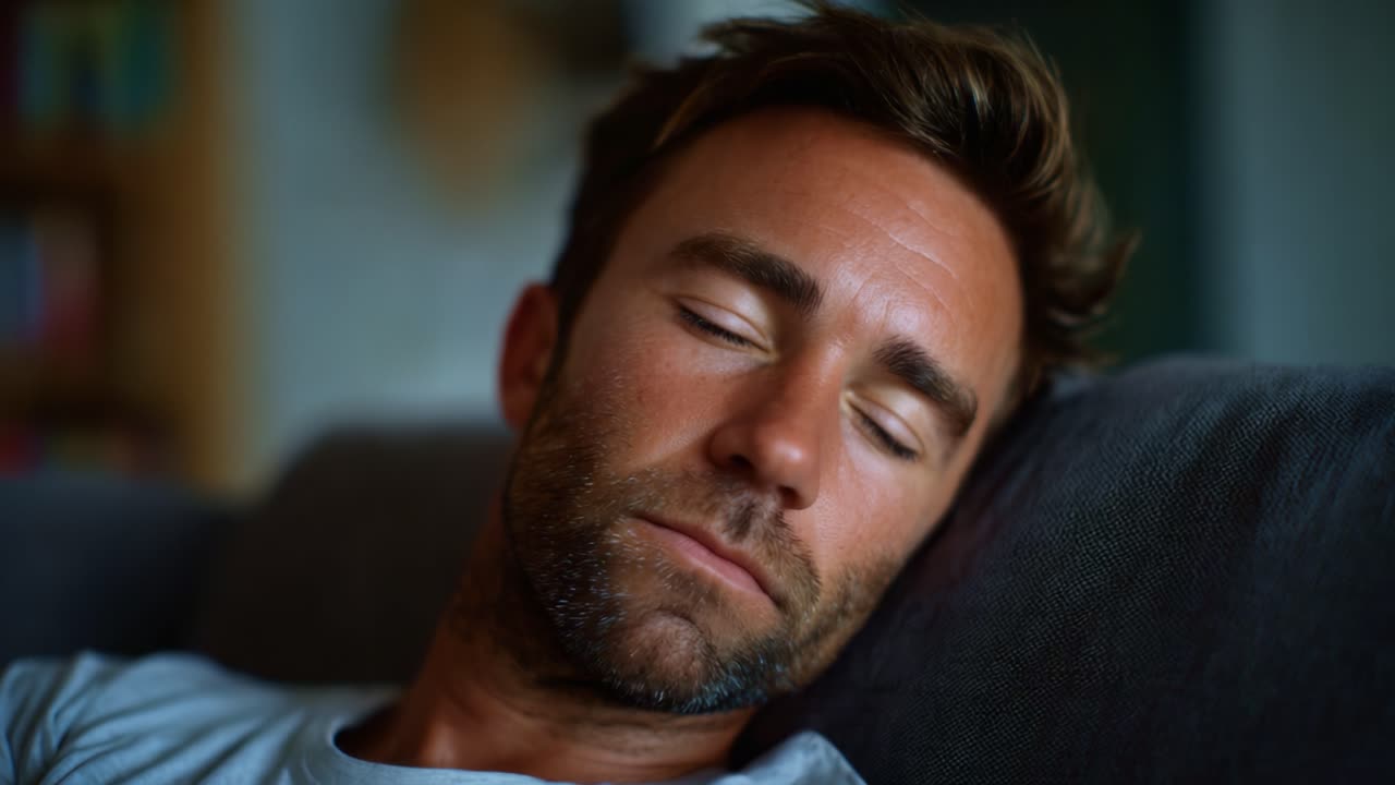 Relaxed individual resting peacefully on a couch, showcasing tranquility and calmness in a cozy indoor environment, embodying the essence of relaxation and peace