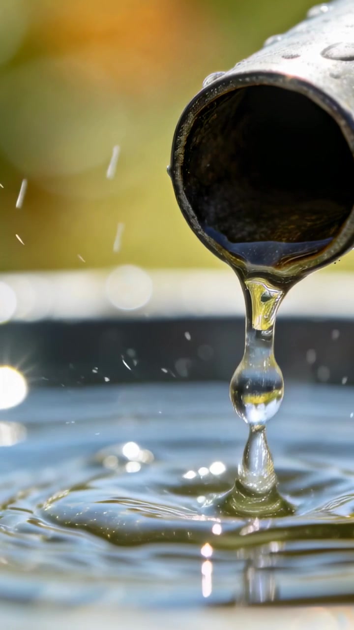 Video verticale: Acqua che scorre da un tubo e cade in una bacinella su un patio, con la formazione di una corona e increspature.