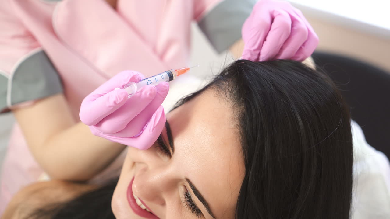 Handsome woman receives an injection in the head. The concept of mesotherapy. Thrust to strengthen the hair and their growth