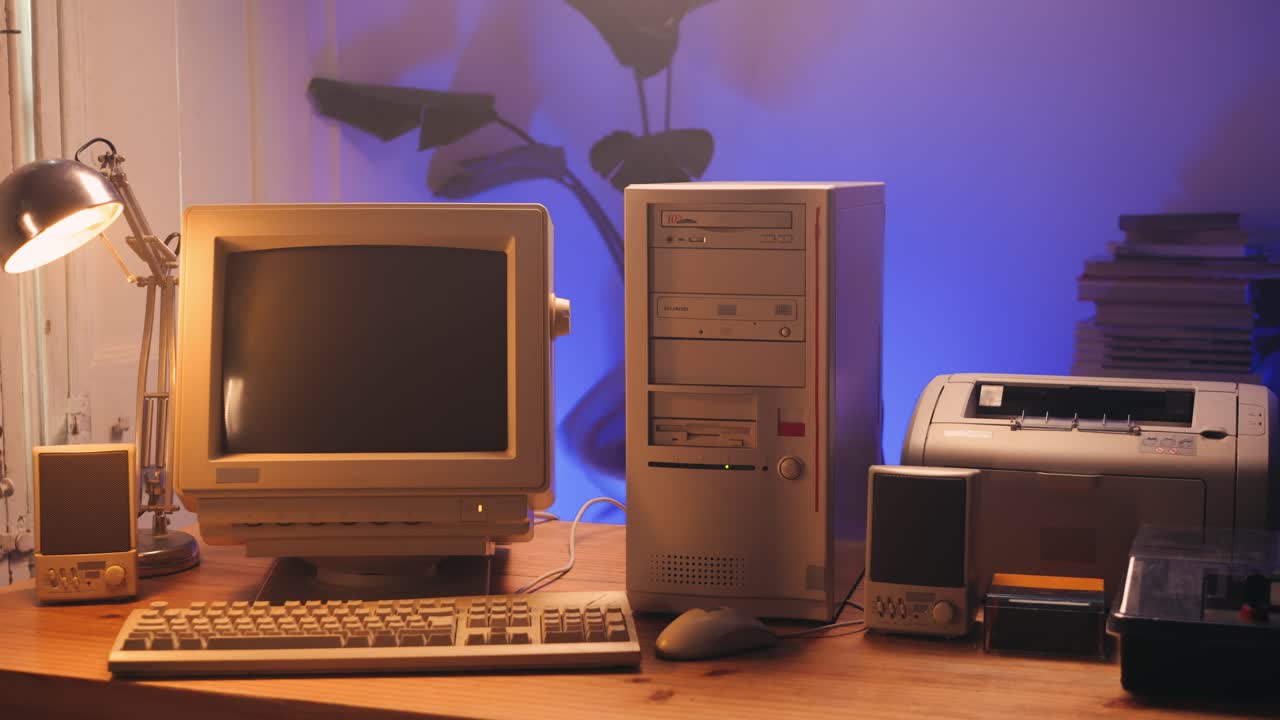 Retro pc computer gaming, Desktop vintage with loading code console, programmer making scripts, green basic screen, Old computer studio close-up, retro wave display, late 90s PC.