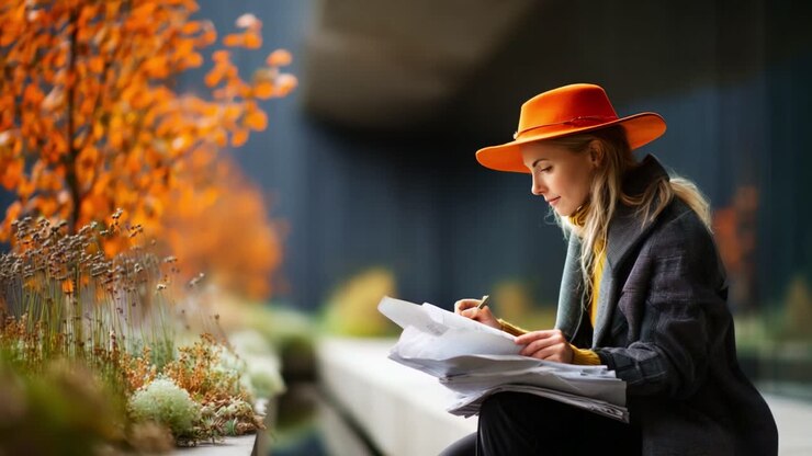 Una giovane donna immersa nella creatività, che disegna all'aperto tra vivaci paesaggi autunnali, mostrando il suo processo artistico sullo sfondo mozzafiato di un fogliame colorato e un'architettura tranquilla