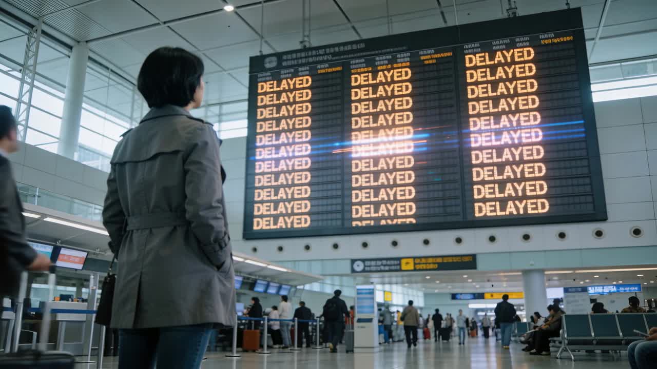 Donna asiatica adulta in trench grigio che legge la scritta RITARDO, scrutando il tabellone delle partenze in aeroporto.