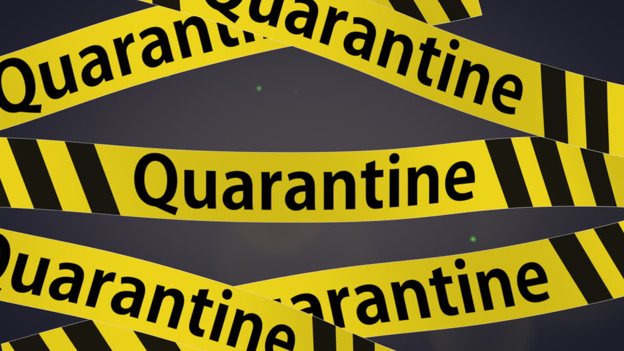 ondeando texto de advertencia de cuarentena escrito en cinta amarilla y gérmenes que fluyen en segundo plano