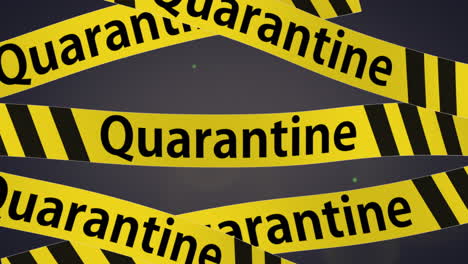 waving quarantine warning text written on yellow tape and flowing germs in background