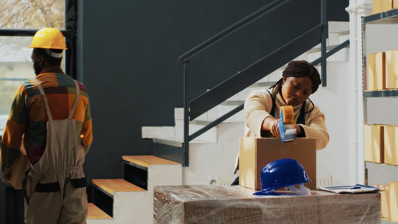 People working in a warehouse with boxes and shelving