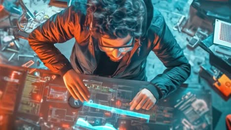 man interacting with a holographic interface