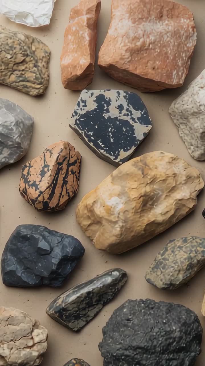 Video verticale: inclinando la camera verso il basso, mostra le rocce inferiori su un vassoio beige, centrando i campioni di pietra