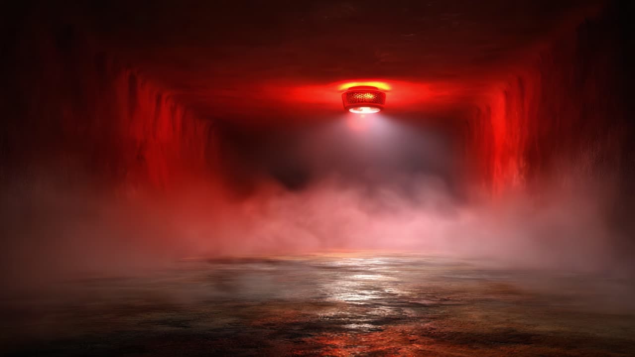 Eerie Red Light Illuminates a Foggy, Dimly Lit Room, Creating an Ominous Atmosphere Filled with Shadows and a Sense of Mystery and Suspense