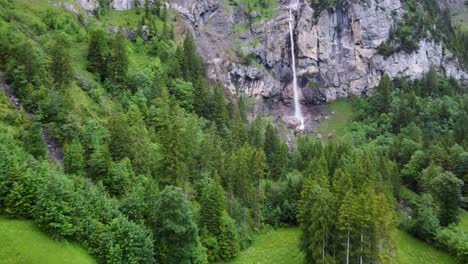 descending backwards aerial drone view of almenbachfall waterfall in kandertal flowing among pine trees and alpine rocks, kandersteg berner oberland switzerland