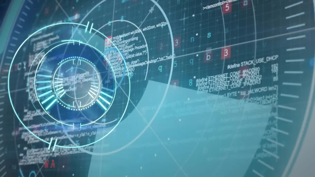 animación de escáner redondo y procesamiento de datos de ciberseguridad contra fondo azul