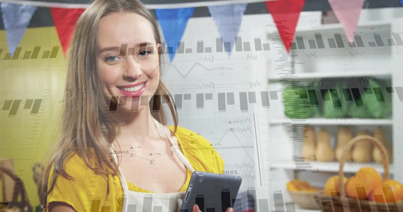 Shopkeeper holding tablet, tablet causing bar charts shifting over face, torso tracking retail data