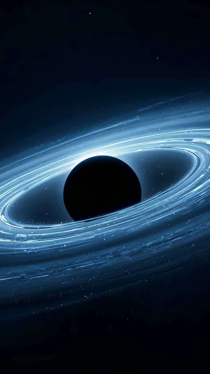 Vertical video: Dark sphere accreting gas and causing luminous blue ring rotating in deep space