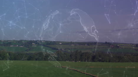 digital globe overlay spreading across green pastures, linking network nodes with flat design style