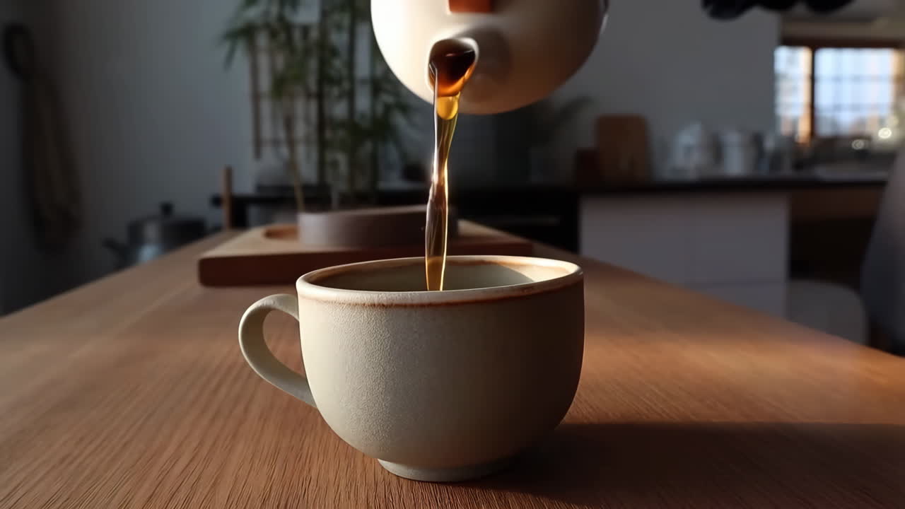 Pouring tea into a ceramic cup on a wooden table
