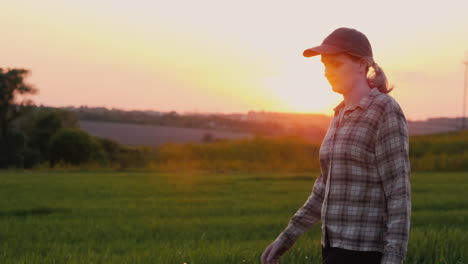 Vista-Lateral-De-Una-Agricultora-Caminando-Por-Un-Pintoresco-Campo-Al-Atardecer