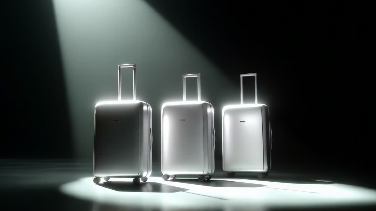 Three Elegant Suitcases in a Dramatic Spotlight: A Stunning Display of Modern Luggage Design with Unique Styles, Colors, and Textures Perfect for Travel Enthusiasts and Stylish Adventurers