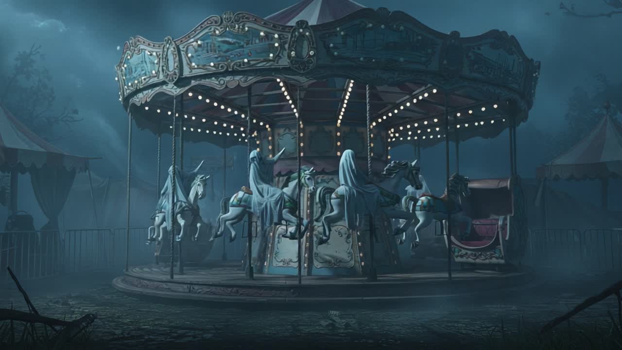 A haunting apparition of a deserted carousel stands eerily under a gloomy sky, shrouded in fog, as ghostly figures seem to dance around its forgotten ride