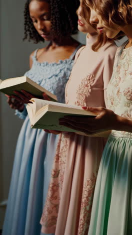 three women engaged in reading and study