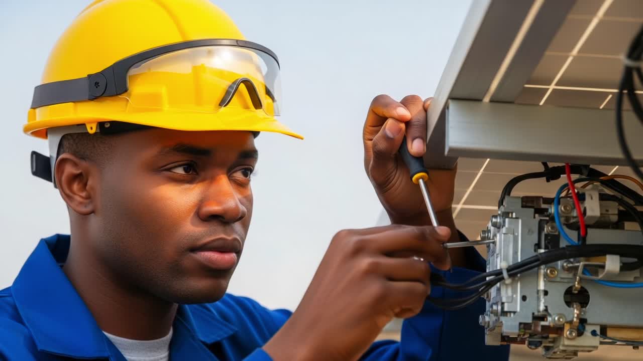 Technicien qualifié travaillant sur l'installation de panneaux solaires, ajustant le câblage et les composants avec précision et concentration dans un environnement extérieur.