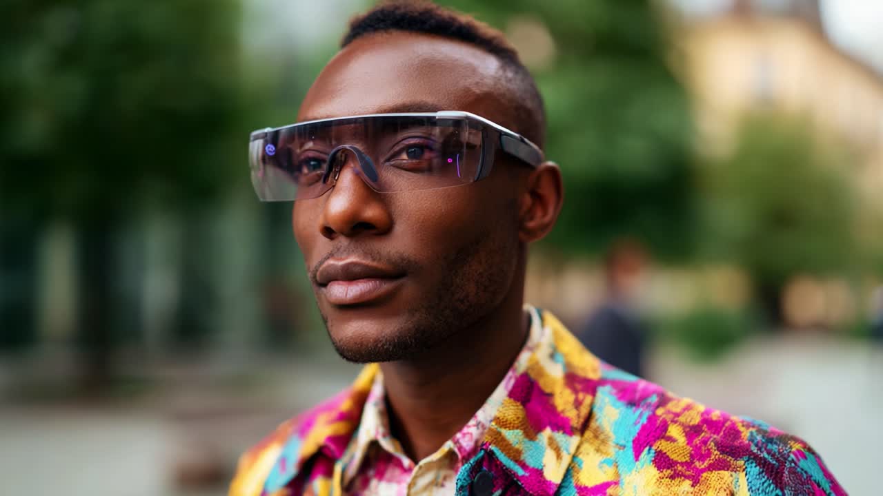Persona con estilo y vestimenta colorida y gafas modernas que muestra confianza en un entorno urbano, destacando la moda y la expresión personal