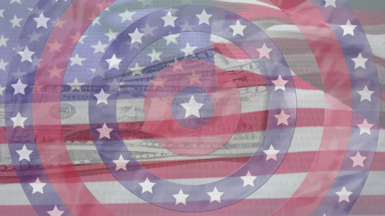 Animation of stars on spinning circles over american dollar bills and waving usa flag