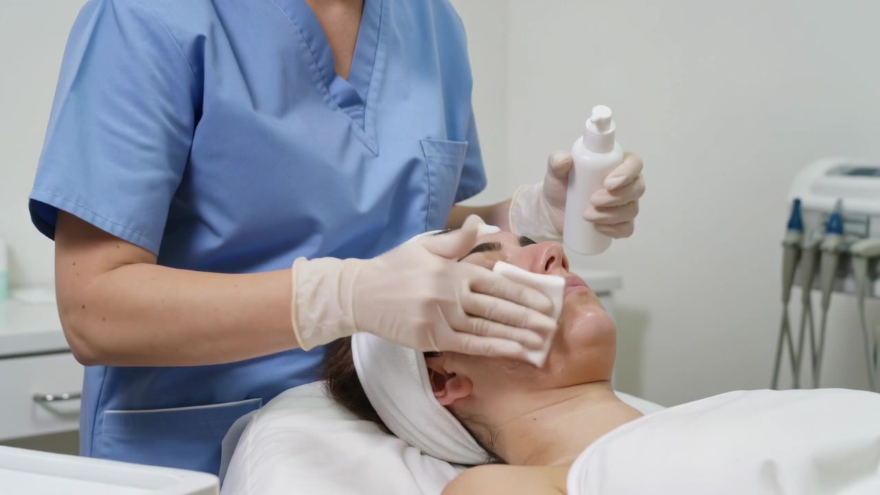 Operatore sanitario in divisa blu che deterge un paziente sdraiato in clinica, preparando il viso con un erogatore