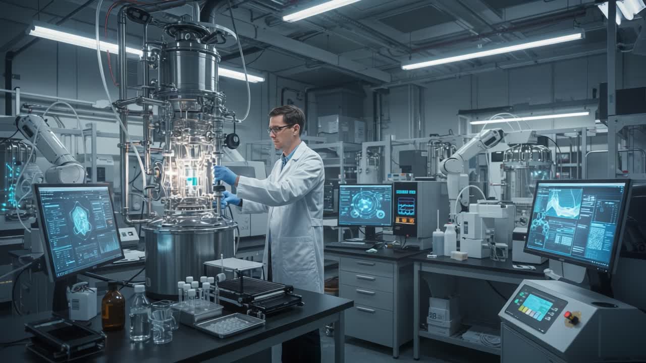 Scientist Conducting Advanced Research in a High-Tech Laboratory, Utilizing Cutting-Edge Equipment to Explore Innovative Processes and Solutions in a Modern Scientific Environment