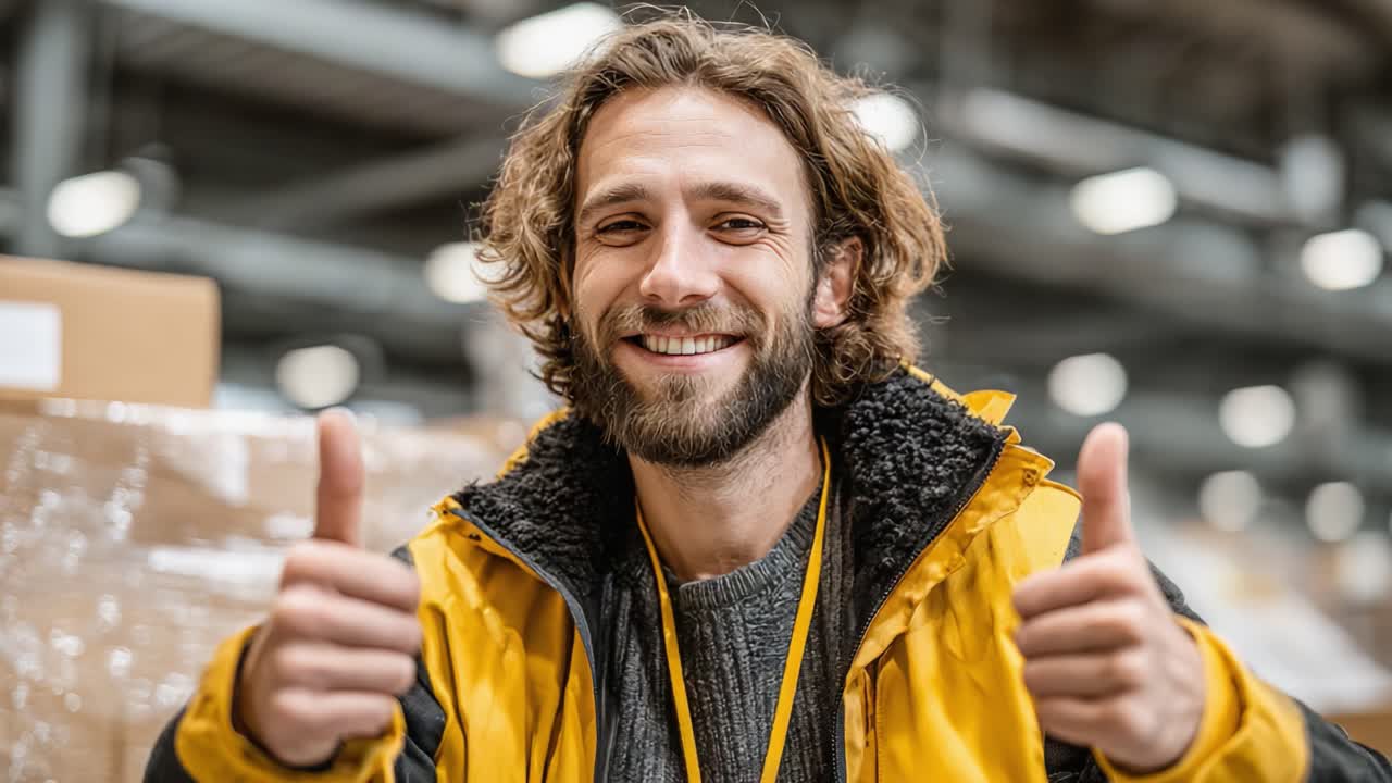 Cheerful warehouse worker giving a thumbs up in a bustling logistics environment, showcasing positivity and enthusiasm for his job in a well-organized facility