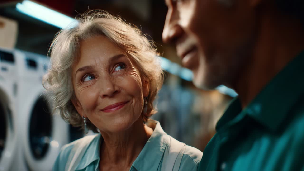 Heartwarming Connection: A Joyful Conversation Between Two Seniors in a Laundry Room, Highlighting Friendship, Smiles, and Shared Moments in Everyday Life