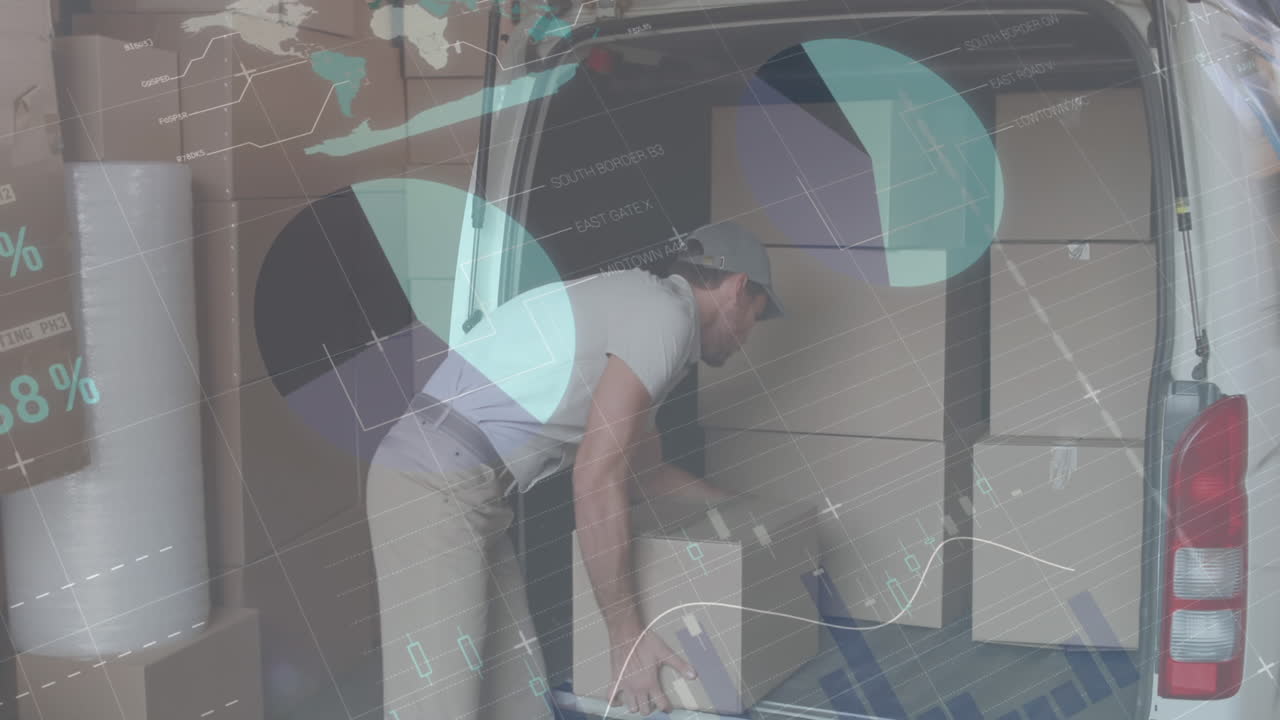 procesamiento de datos estadísticos contra el repartidor caucásico apilando cajas en su furgoneta de reparto