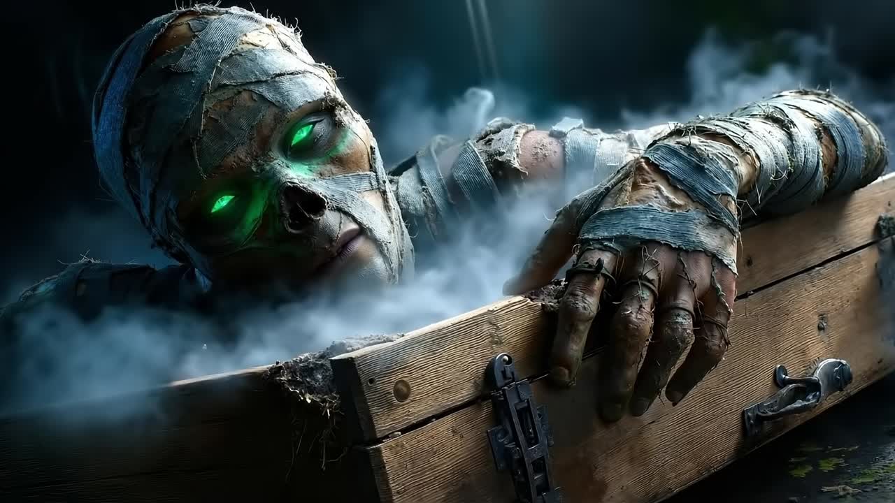 A creepy looking mummy with green eyes peeking out of a wooden box