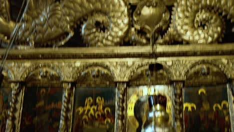 Inside-a-Christian-church,-historic-interior,-Catholic-temple,-antique-hall-structure,-medieval-traditional-tower,-smooth-gimbal-shot