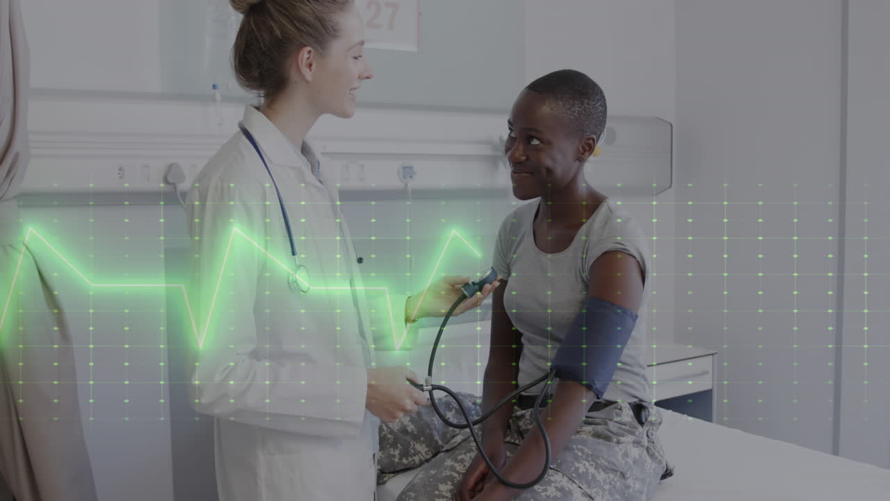 Animation of data processing over caucasian female doctor with female patient