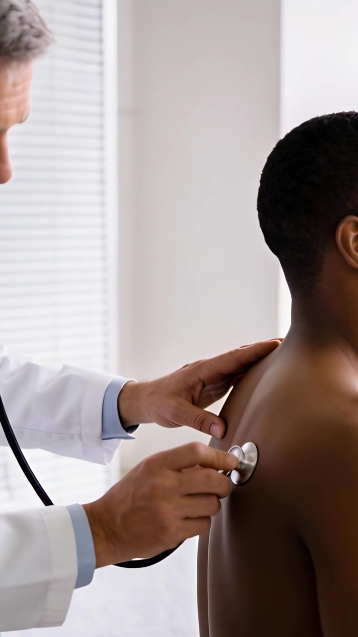 Vertical video: Coming clinician in lab coat checking shirtless man back with stethoscope in clinic