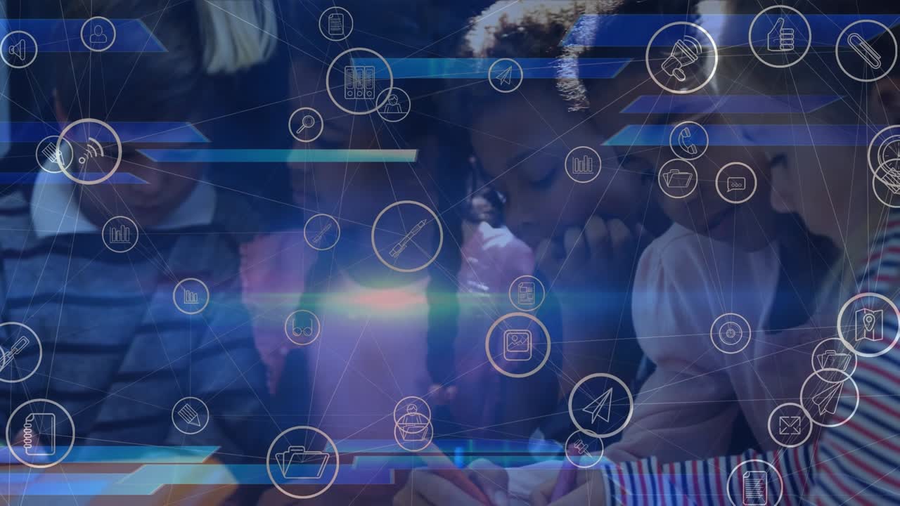Animation of network of connections over diverse schoolchildren and teacher in classroom