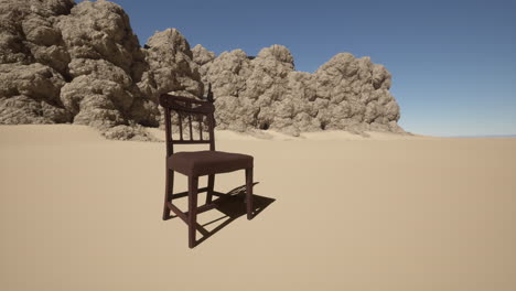 una silla solitaria se sienta en el desierto, rodeada de altas formaciones rocosas