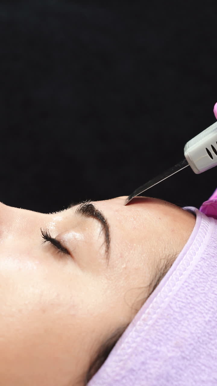 Ultrasonic cleaning of face in cosmetology salon. Cosmetic procedures for the face. Vertical video