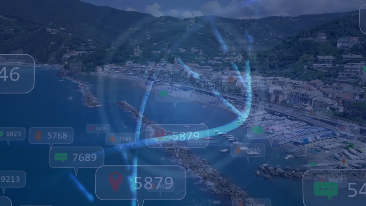 미디어 아이콘과 지형과 도시에 대한 dna  ⁇ 의 애니메이션