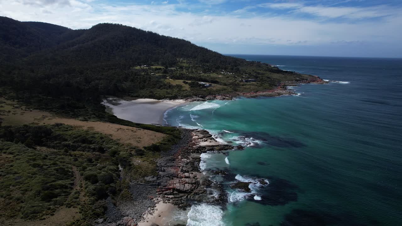 Scenery Of Little Beach Cove, Chain of Lagoons, Tasmania, Australia - Aerial Pullback
