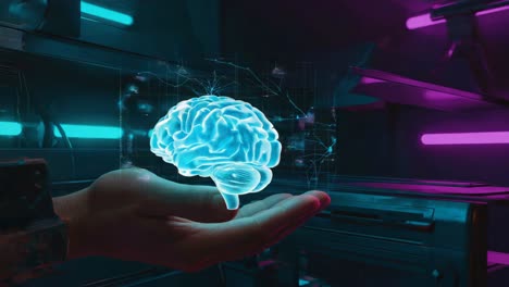 a hand holding a glowing holographic brain in a futuristic setting, representing ai and neuroscience