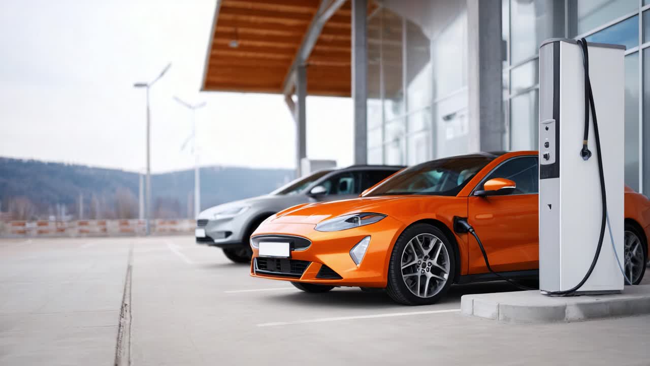 Una stazione di ricarica per veicoli elettrici mostra un'accattivante auto arancione insieme ad altri veicoli, sullo sfondo di un'architettura moderna e turbine eoliche