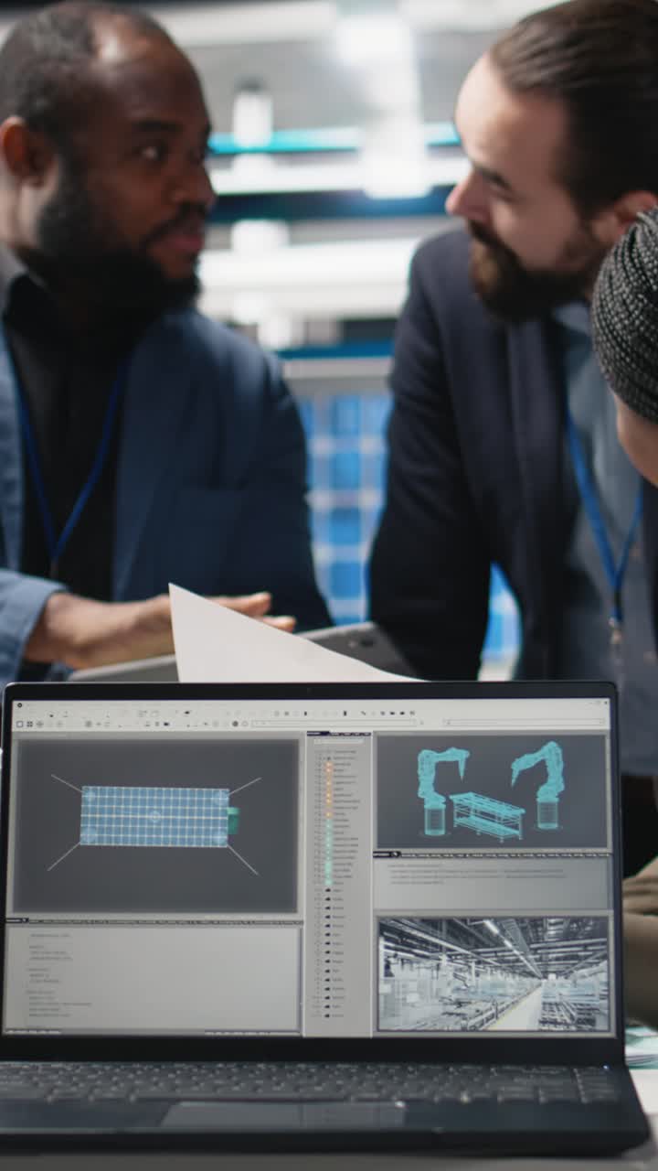 Vertical Video African american technicians examining solar panels in a manufacturing plant