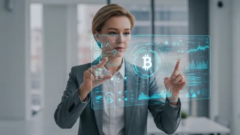 a professional woman engaging with advanced technology displaying cryptocurrency data and visualizations in a modern office environment