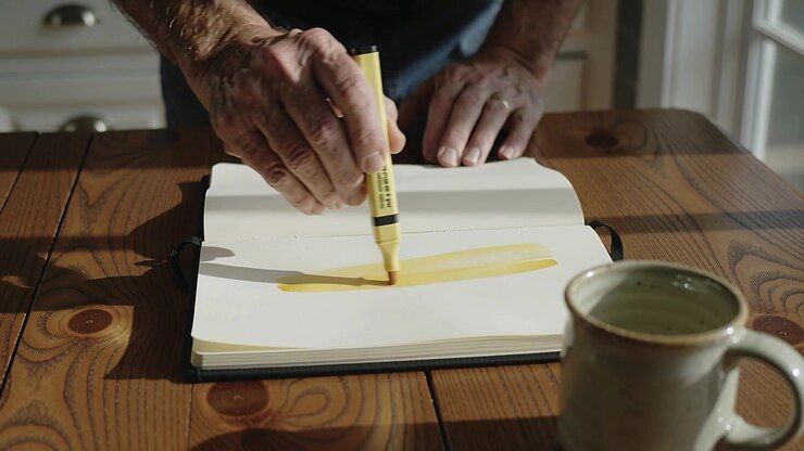 Touching marker, hands in shirt drawing yellow wash across book at table as base, mug
